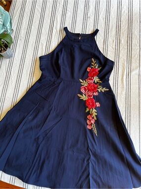 Navy Halter Midi Dress with Red Floral Applique